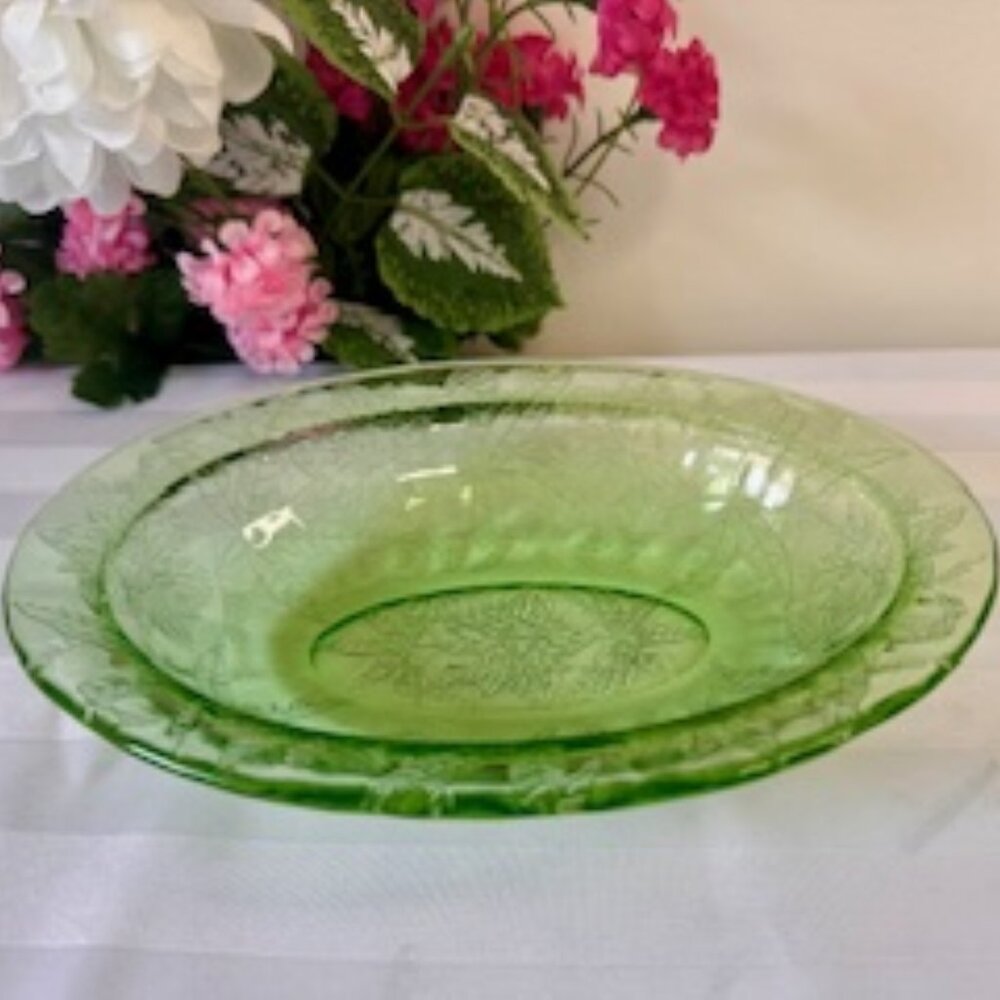 Green Depression Glass Oval Bowl Floral Etched Vintage Swirl Scallop Rim